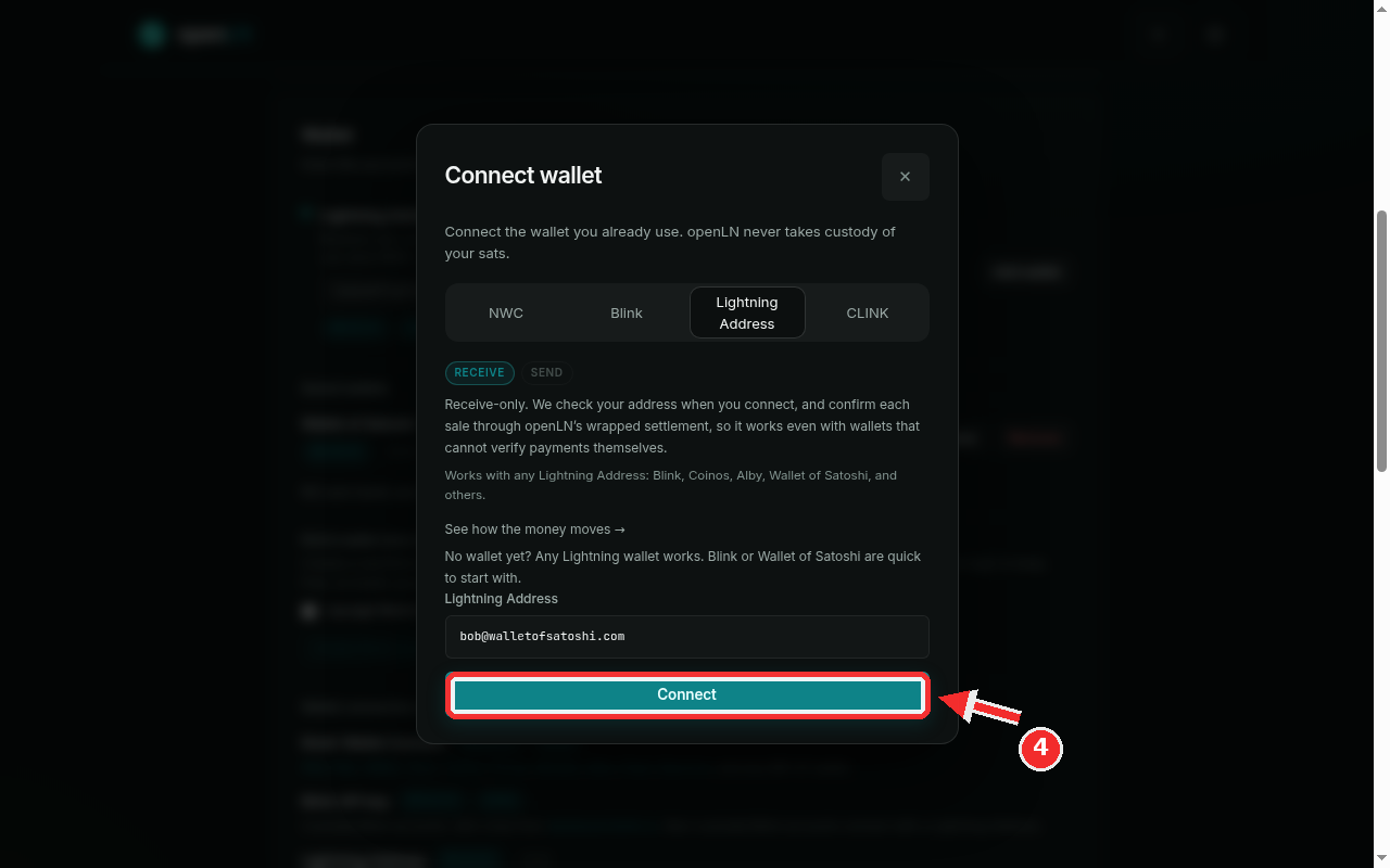 Connect button highlighted with the address typed in