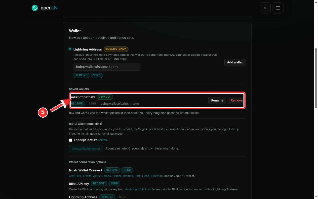Saved wallets list showing Wallet of Satoshi